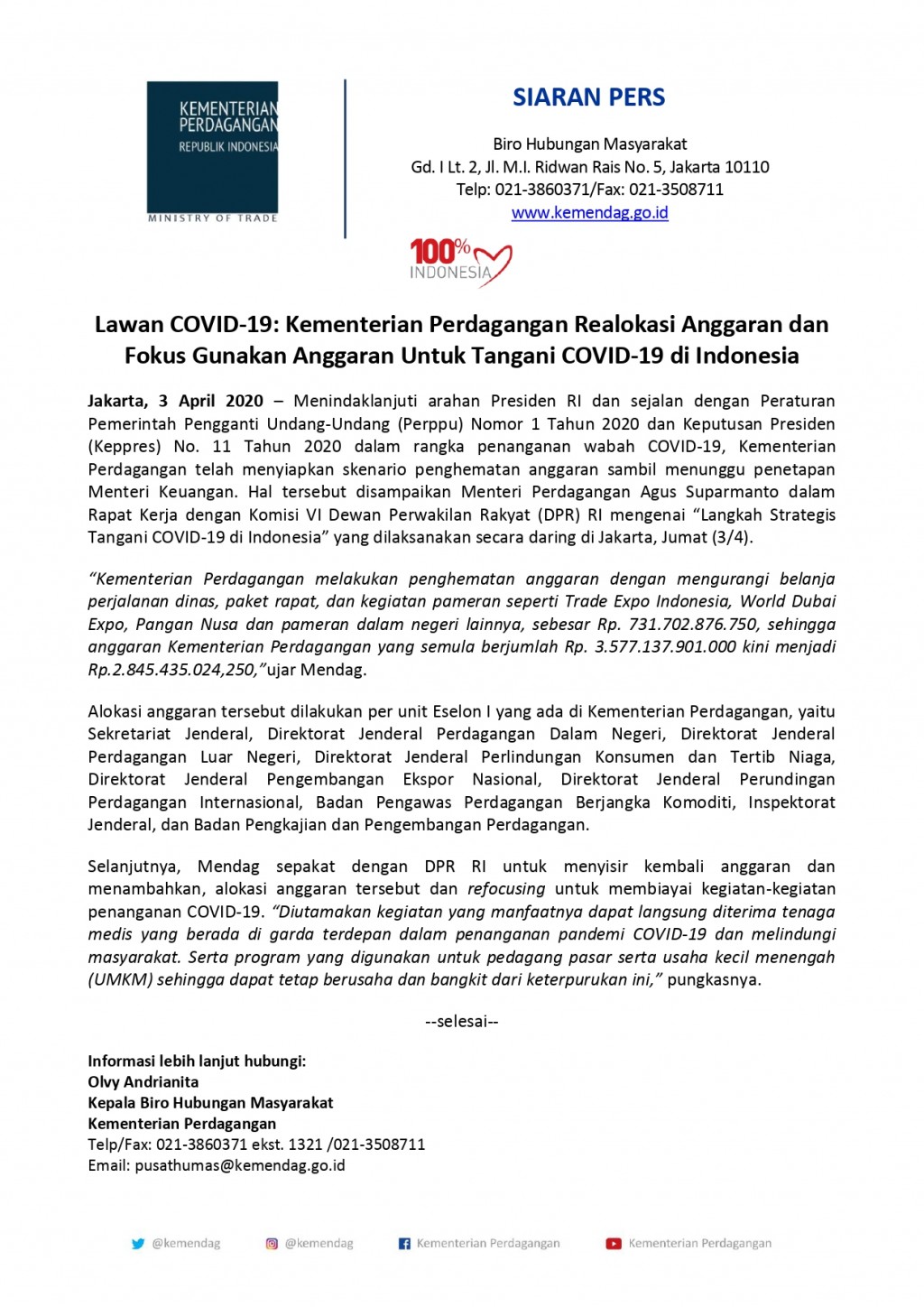 Lawan COVID-19: Kementerian Perdagangan Realokasi Anggaran dan Fokus Gunakan Anggaran Untuk Tangani COVID-19 di Indonesia